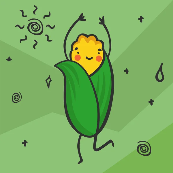Kartun kawaii manis jagung. Karakter tersenyum dan menari sayuran. Produk makanan sehat. Vektor ilustrasi. Selamat jagung - Stok Vektor