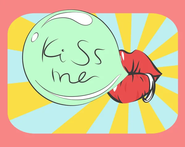 Tarjeta de San Valentín vectorial con letras Kiss Me, goma de mascar y labios perforantes. Fondo de arte pop — Vector de stock