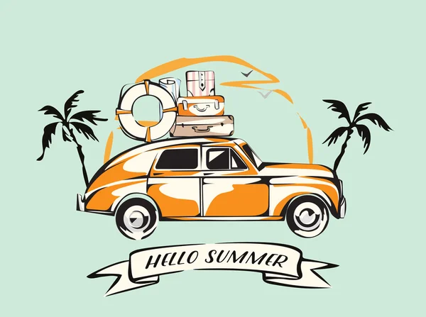 Coche retro cargado para un viaje. Sol, palmeras y gaviotas Fondo. Tarjeta Vector EPS 10 — Archivo Imágenes Vectoriales