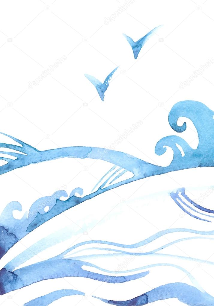 Abstract Ocean Background With Waves And Gulls. Vector Background