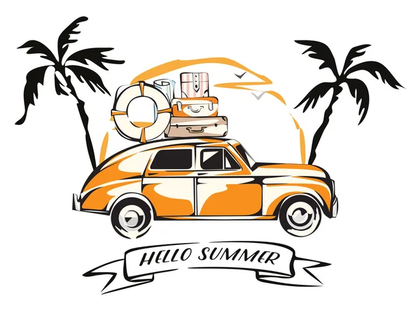 Coche retro cargado para un viaje. Sol, palmeras y gaviotas Fondo. Tarjeta Vector EPS 10 — Archivo Imágenes Vectoriales