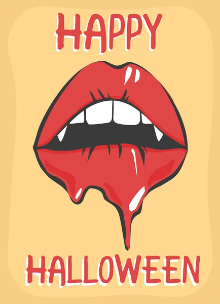 Cartaz de Halloween feliz com lábios derretidos e presas. Ilustração vetorial —  Vetores de Stock