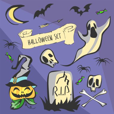 Halloween Icons Set. Bats, Skulls, Bones, Pumpkin, Ribbon, Candies, Spiders, Ghost and Gravestone. Vector Objects