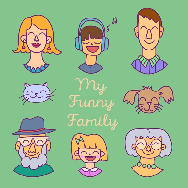 가족 구성원 아바타의 평면 디자인 아이콘 모음: 엄마, 아빠, 아들, 딸, 할머니, 할아버지, 개 그리고 고양이. 평면 스타일에 벡터 다채로운 삽화 — 스톡 벡터