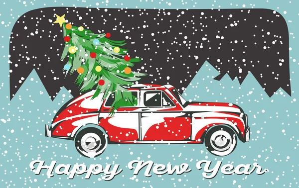 Retro Car Loaded With Christmas Tree. Happy New Year Card. Vector EPS 10 Background