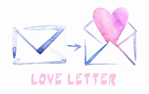 Envelope de aquarela com ícone de carta de amor. Vetor EPS 10 — Vetor de Stock