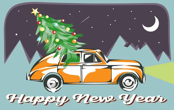 Retro auto geladen met kerstboom. Bergen achtergrond. Happy New Year Card. Vector EPS-10 achtergrond — Stockvector