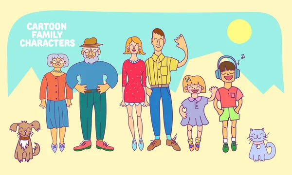가족 구성원 아바타의 평면 디자인 아이콘 모음: 엄마, 아빠, 아들, 딸, 할머니, 할아버지, 개 그리고 고양이. 벡터 평면 스타일에 화려한 삽화입니다. 전체 길이 문자 — 스톡 벡터