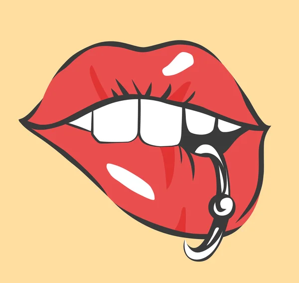 Pop Art Sexy Lips With Piercing . Vector Object — Stock Vector