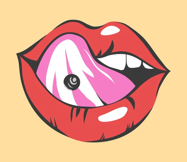 Pop Art Sexy Lips With Piercing. Objeto vectorial — Vector de stock