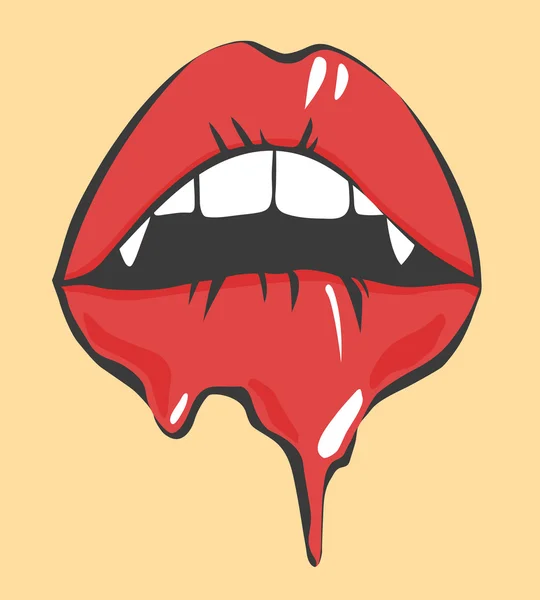 Pop Art derretendo lábios sexy com dentes de vampiros. Objeto do vetor — Vetor de Stock