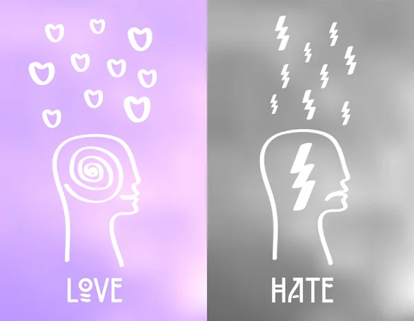 Icone dell'amore e dell'odio su sfondo nuvoloso. Concetto di stato vettoriale — Vettoriale Stock