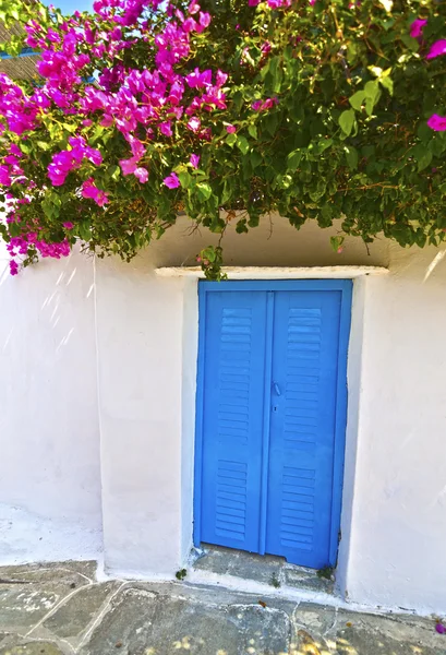 Blå fönster och bougainvillea på Kykladerna, Grekland — Stockfoto