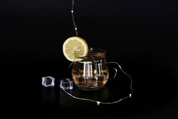 Lemon Ice Tea Glass Black Background — Stock Photo, Image