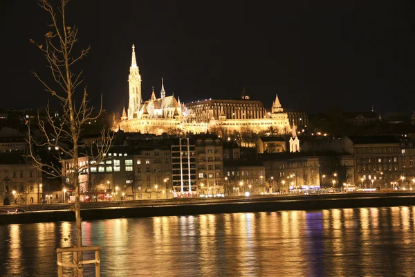 Königspalast und Donau bei Nacht in Budapest, Ungarn — Stockfoto