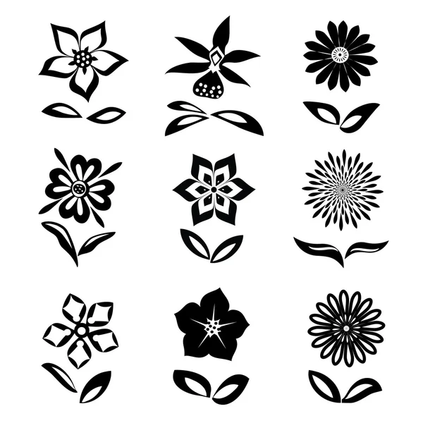 Flower set. Black silhouettes on white background.  Isolated symbols of flowers and leaves. Vector