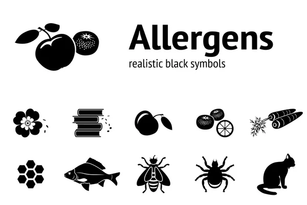 Allergen set. Realistic icons from tipical food and common allergens. Black silhouettes. Vector