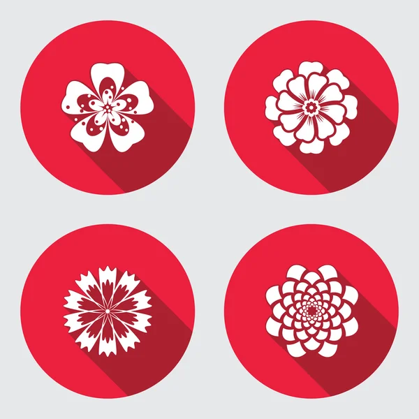 Conjunto de iconos de flores. Manzanilla, margarita, crisantemo, aciano. Símbolo floral. Icono plano rojo redondo con sombra larga. Vector — Archivo Imágenes Vectoriales