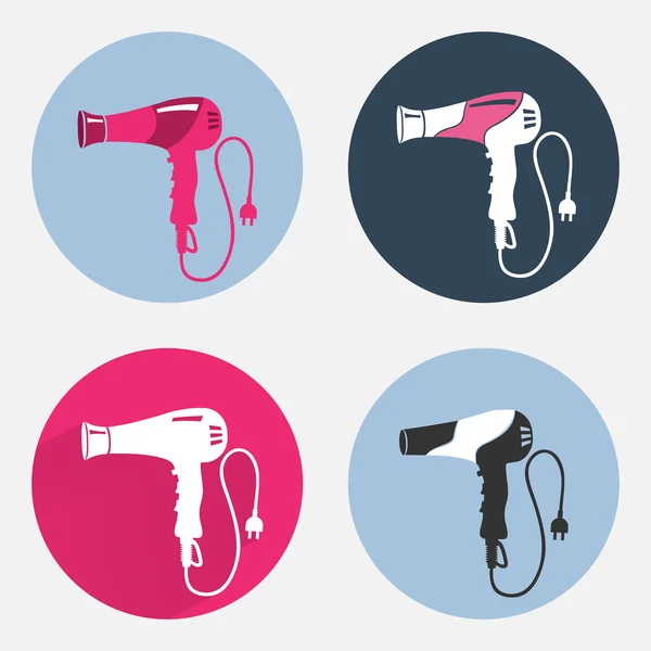 Hair-drier 4 set. Professional blow hairdryer with two-pin plug. Modern colored sign on dark grey. Round circles symbols. Vector — 스톡 벡터