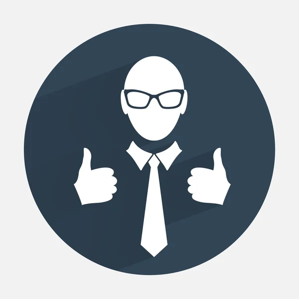 Businessman icon. Office worker symbol. Face cartoon with tie, glasses, like hand silhouette. Round dark gray circle flat icon with long shadow. Vector isolated — Stock Vector