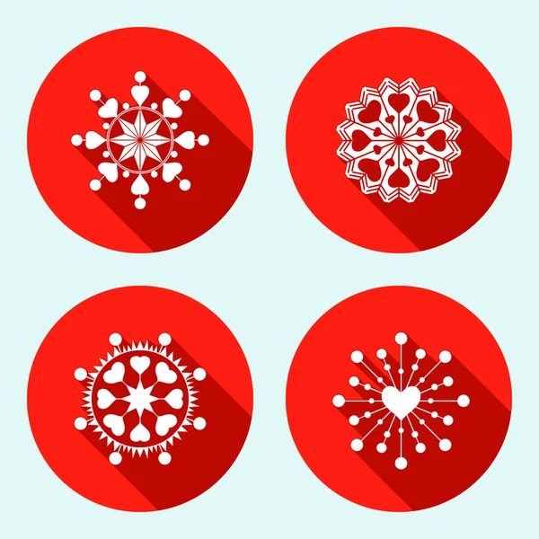 Snowflake, heart view icon set. Christmas, Valentine day, birthday symbol. Stars, flakes with hearts. White silhouettes on red circle button with long shadow. Vector isolated — Διανυσματικό Αρχείο