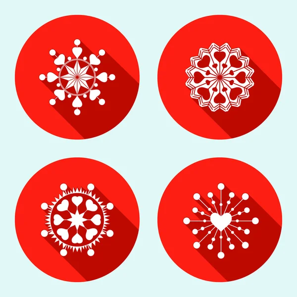 Copo de nieve, conjunto de iconos de vista del corazón. Navidad, San Valentín, símbolo de cumpleaños. Estrellas, copos con corazones. Siluetas blancas en botón círculo rojo con sombra larga. Vector aislado — Archivo Imágenes Vectoriales