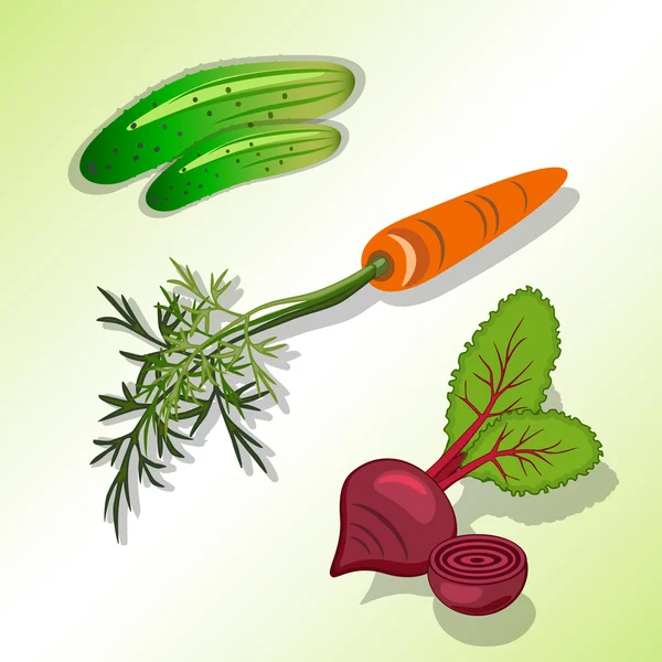Їжа, овочевий набір. Буряк, морква з верхівками, іконка кольору огірка. Барвисті силуети з тіні на світло-зеленому тлі. Плоский дизайн. Вектор ізольовано — стоковий вектор