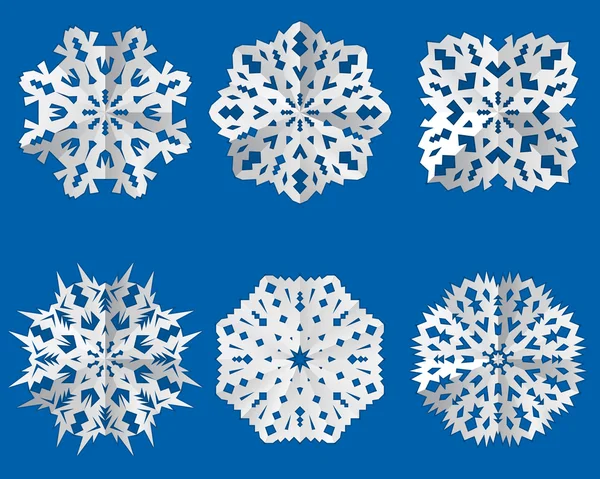 Paper snowflake origami icon. Christmas theme. Paper cut out sign with shadow. White silhouette on blue background. Vector isolated