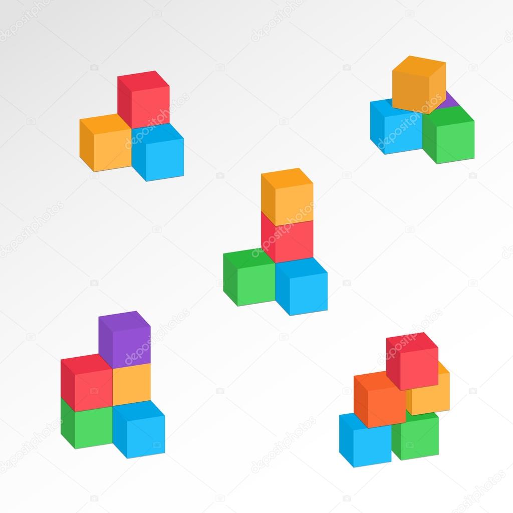 Set of 3d cube combinations. Compositions of tree, five blocks. Association, union, join, building, logo, project, game symbol. Colorful icons with shadow. Infographic elements. Vector