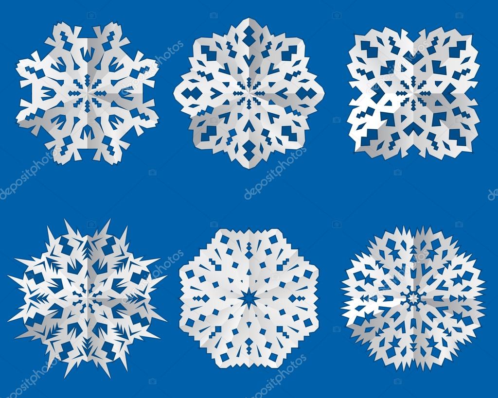 Paper snowflake origami icon. Christmas theme. Paper cut out sign with shadow. White silhouette on blue background. Vector isolated
