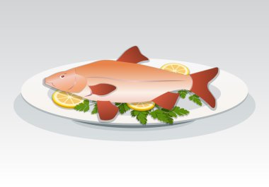 Fish icon. Crucian on white plate with lemon and herbs. Food, seafood dish symbol. Vector isolated.