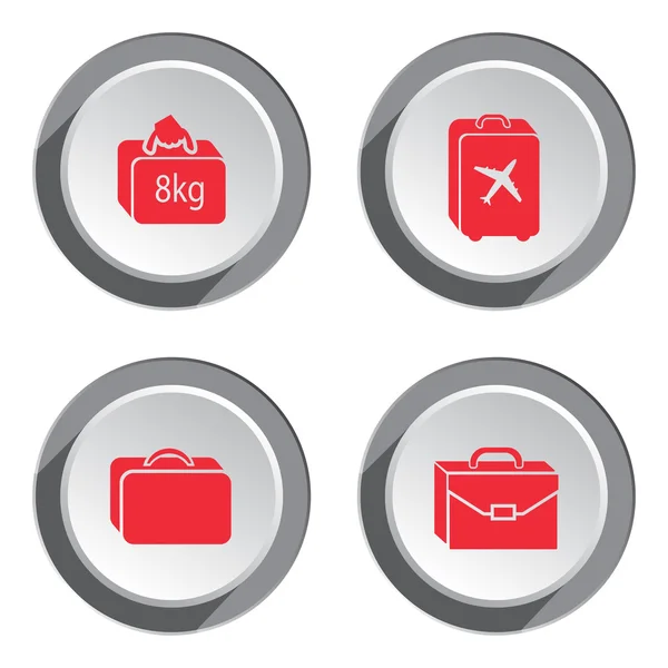 Airport baggage icon set.  Hand luggage for traveling. Info symbol. Red icons on white-gray 3d button with shadow. Vector isolated — Stock Vector