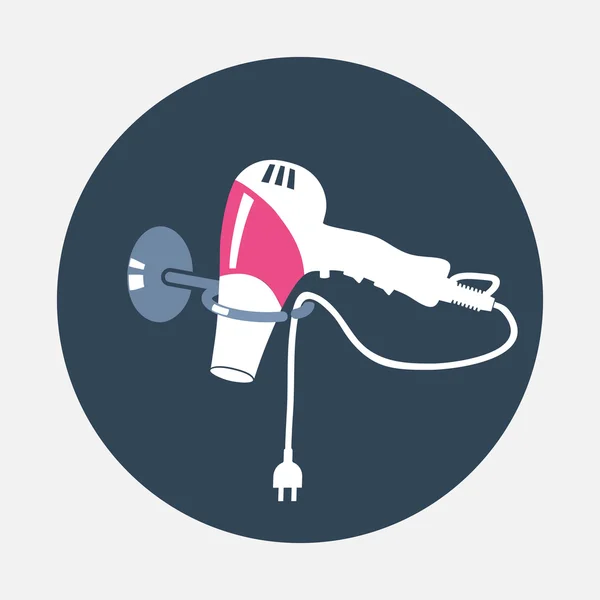 Hairdryer hang by a stand with cord and two-pin plug. Modern colored sign on dark grey. Round circles symbols. Vector — Stock vektor
