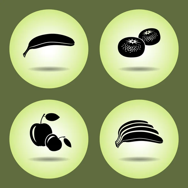 Food, fruits set. Banana, mandarin, apple icons. Black silhouette with shadow on light green round button. Vector