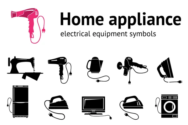 Home electrical appliance icon set. Hairdryer iron sewing machine televisor, washing-machine symbols. Domestic devices with plug. Black signs. Vector
