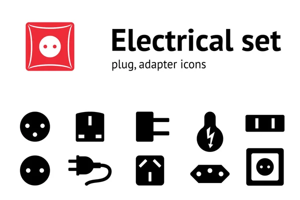 Electric plug, adapter, socket base icon set. Power energy symbol. Black icons on white. Vector isolated — Stok Vektör