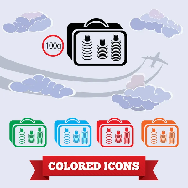 Baggage transportation airport icon. Liquid in hand luggage symbol. Info symbol for traveling. Colored icons on background with plane and clouds. Vector — Stok Vektör