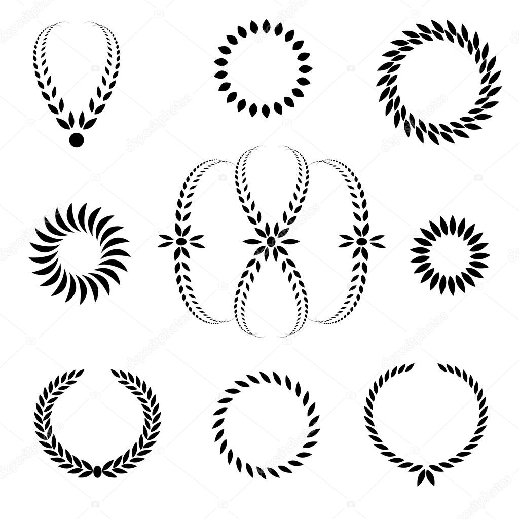 Laurel wreath tattoo set. Black ornaments, signs on white background.  Victory, peace, glory symbol. Vector