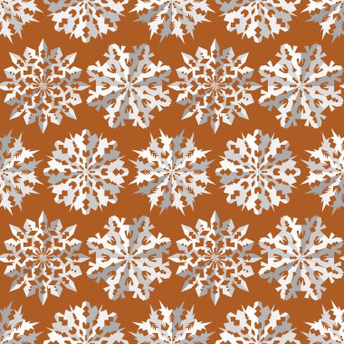Seamless christmas origami snowflake pattern. Paper cut out three-dimensional signs with shadow. White on orange background. Winter, New Year texture. Vector