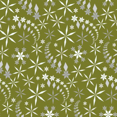 Seamless christmas pattern. Snowflakes, crystals on olive, green background. Light gray star silhouettes. Winter theme texture. Vector illustration.