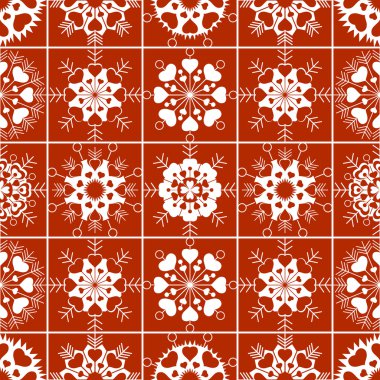 Christmas seamless pattern of heart view snowflakes. New Year, Valentine day, birthday texture. Unusual ornament. Orange red, white colored background. Vector
