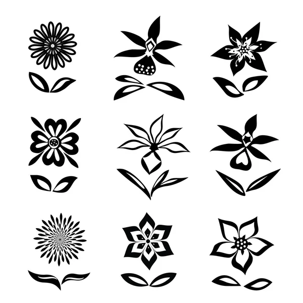 Conjunto de flores. Sílhuetas pretas no fundo branco. Símbolos isolados de flores e folhas. Vetor —  Vetores de Stock