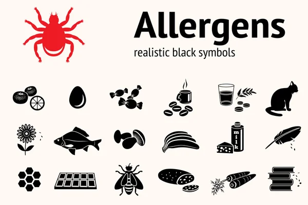Medical allergy icon set. Food and common allergens symbols. Fish cat insect sweets mushroom dust bee fruit flower citrus hackle egg milk cheese carrot bread book. Vector — 스톡 벡터