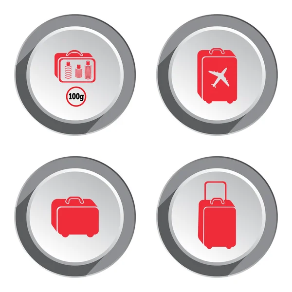 Airport baggage icon set.  Hand luggage for traveling. Info symbol. Red icons on white-gray 3d button with shadow. Vector isolated — Stok Vektör