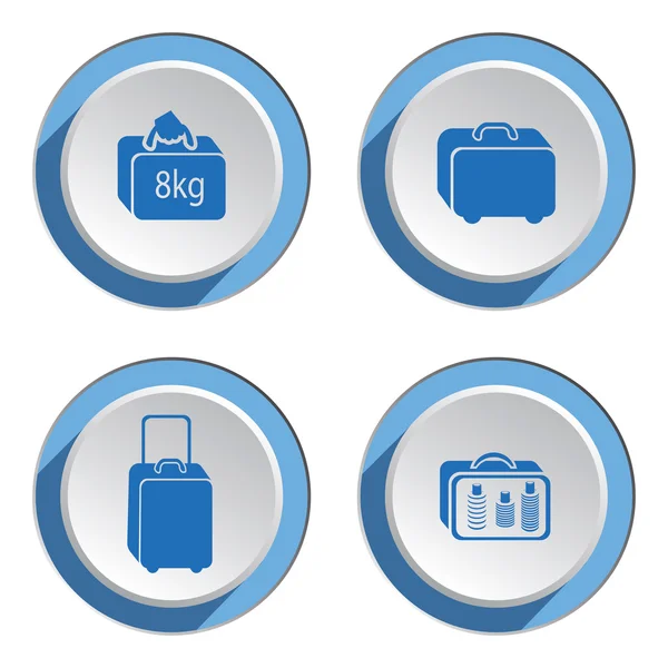 Airport baggage icon set.  Hand luggage for traveling. Info symbol. Blue icons on white-blue 3d button with shadow. Vector isolated — Stok Vektör