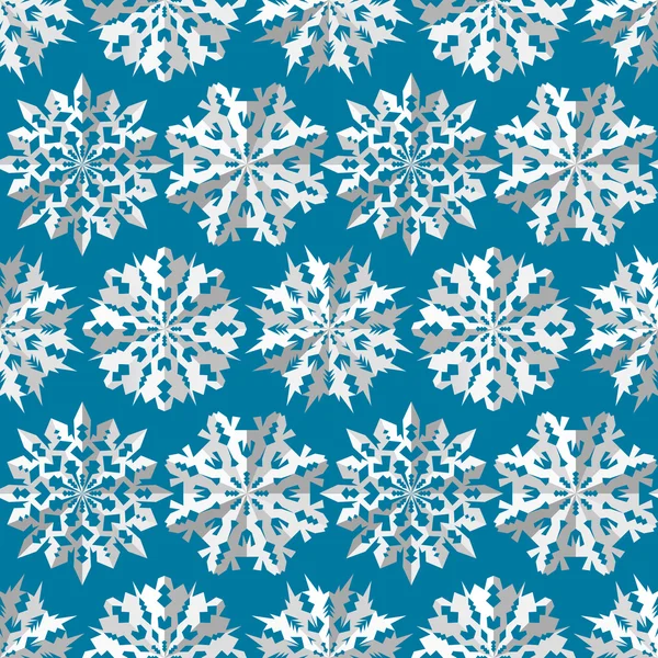 Patrón de copo de nieve de origami de Navidad sin costuras. Papel recortado signos tridimensionales con sombra. Iconos blancos sobre fondo azul. Invierno, textura de Año Nuevo. Vector — Vector de stock