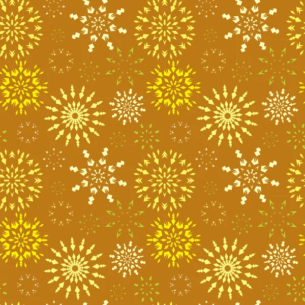 Christmas seamless pattern. Light color snowflake signs on bright, orange, yellow, gold background. Winter theme retro texture. Snow and sun. Vector illustration. — Διανυσματικό Αρχείο