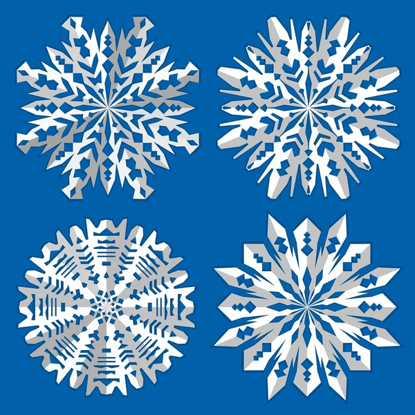 Ensemble d'icône de flocon de neige de Noël. Papier origami découpé signe avec ombre. Hiver, Nouvel An, enfance, nostalgie, symbole. Silhouette 3d blanche sur fond bleu. Vecteur isolé — Image vectorielle