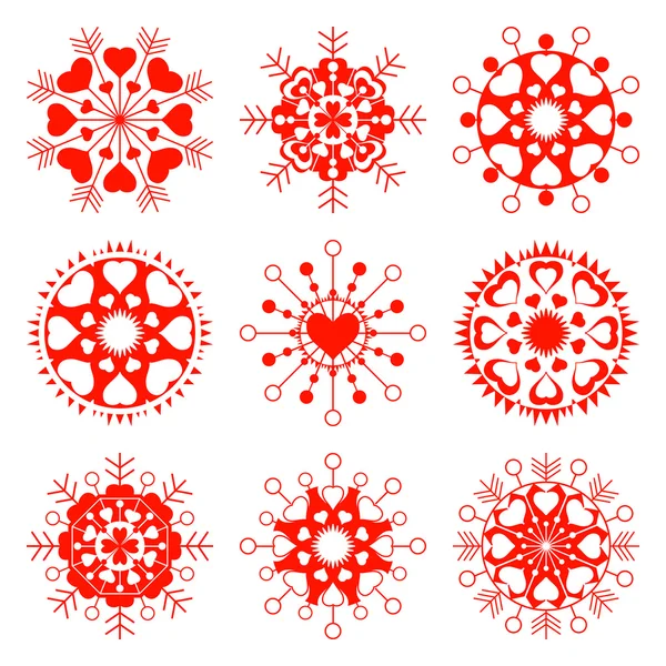 Copo de nieve, conjunto de iconos de la vista del corazón. Navidad, San Valentín, símbolo de cumpleaños. Estrellas, copos con corazones. Siluetas rojas sobre fondo blanco. Vector aislado — Vector de stock
