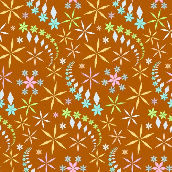 Seamless christmas pattern. Snowflakes, crystals on orange, gold background. Colored star silhouettes. Winter theme texture. Vector illustration.